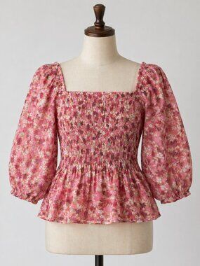 Nanette Lepore Medium Smocked Floral Peplum Blouse Top Cottagecore Boho Romantic